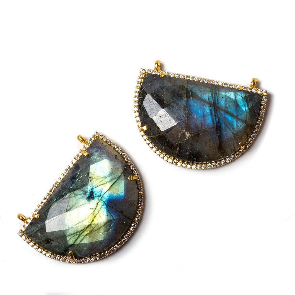 32.5x20mm Gold Bezeled CZ & Labradorite Half Moon East West Connector 1 pc - Beadsofcambay.com