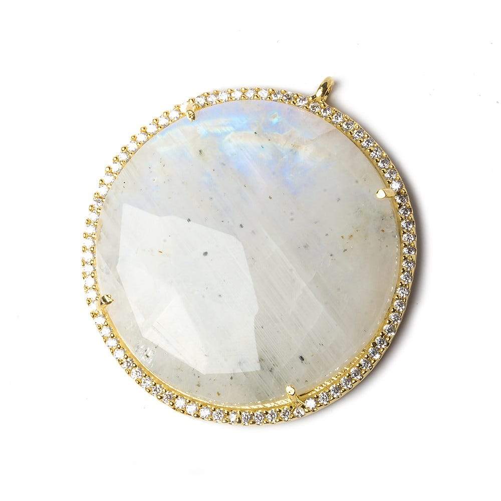 32mm Gold Bezel CZ and Rainbow Moonstone Coin Pendant 1 focal bead - Beadsofcambay.com