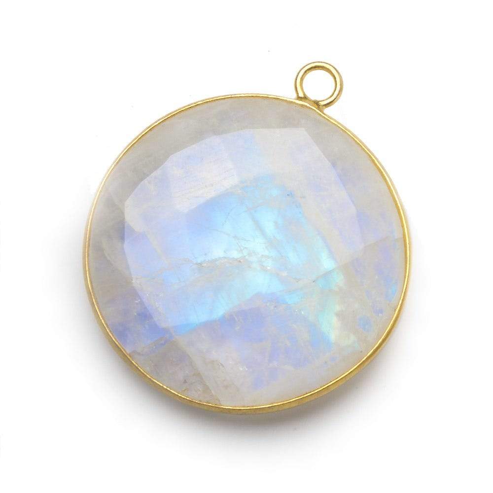 32mm Vermeil Bezel Rainbow Moonstone faceted coin pendant 1 piece - Beadsofcambay.com