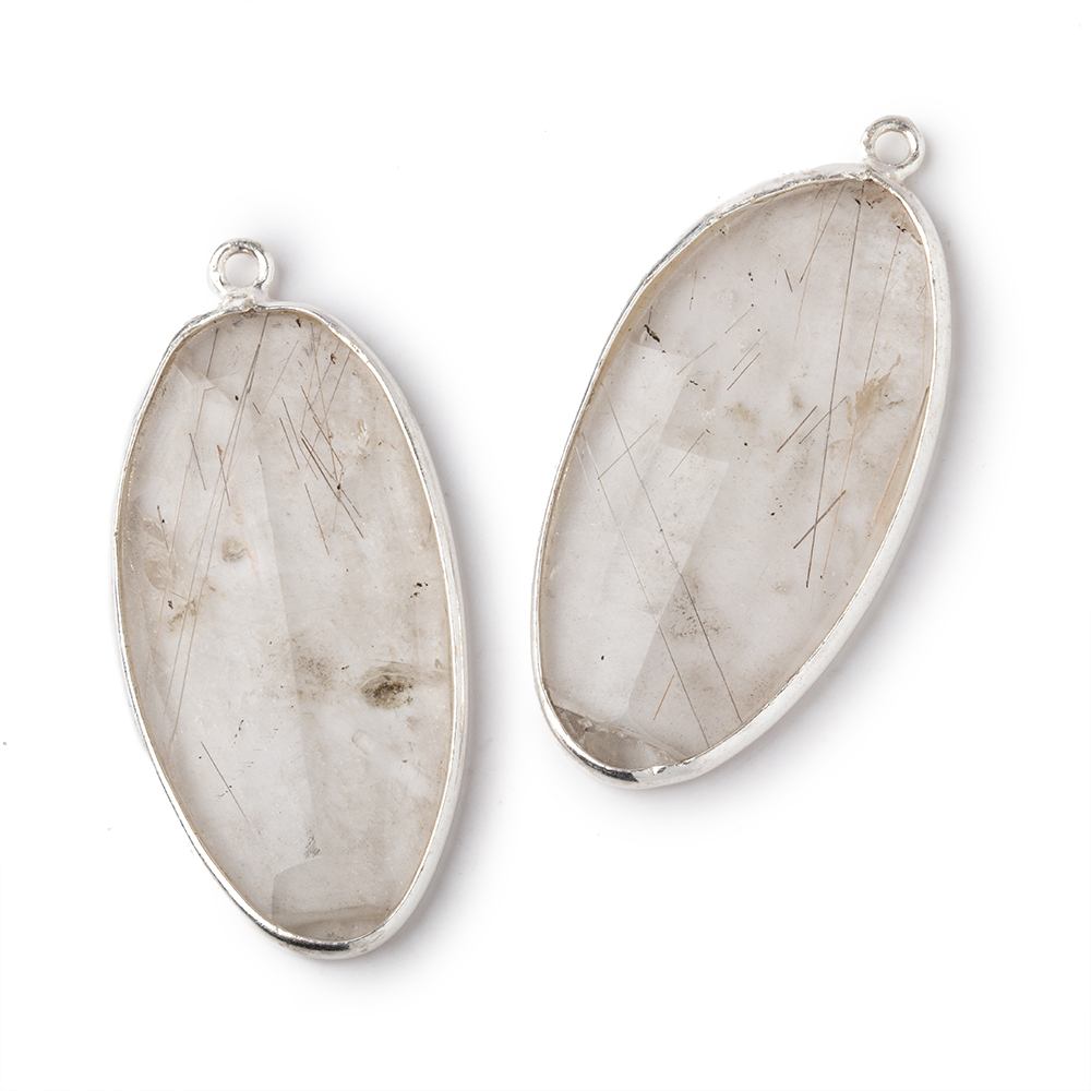 32x17mm .925 Silver Bezel Rutilated Quartz Faceted Freeform Set of 2 Pendants - Beadsofcambay.com