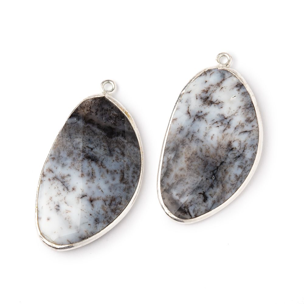32x19mm .925 Silver Bezel Dendritic Opal Faceted Freeform Set of 2 Pendants - Beadsofcambay.com