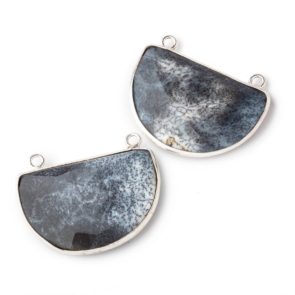 32x22mm Sterling Silver Bezel Dendritic Opal Half Moon Connector Set of 2 Pieces - Beadsofcambay.com