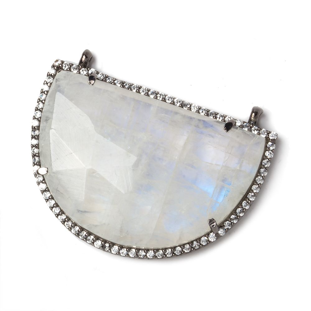 32x23mm Black Gold Bezel CZ and Rainbow Moonstone Half Moon 2 ring Connector 1 piece - Beadsofcambay.com