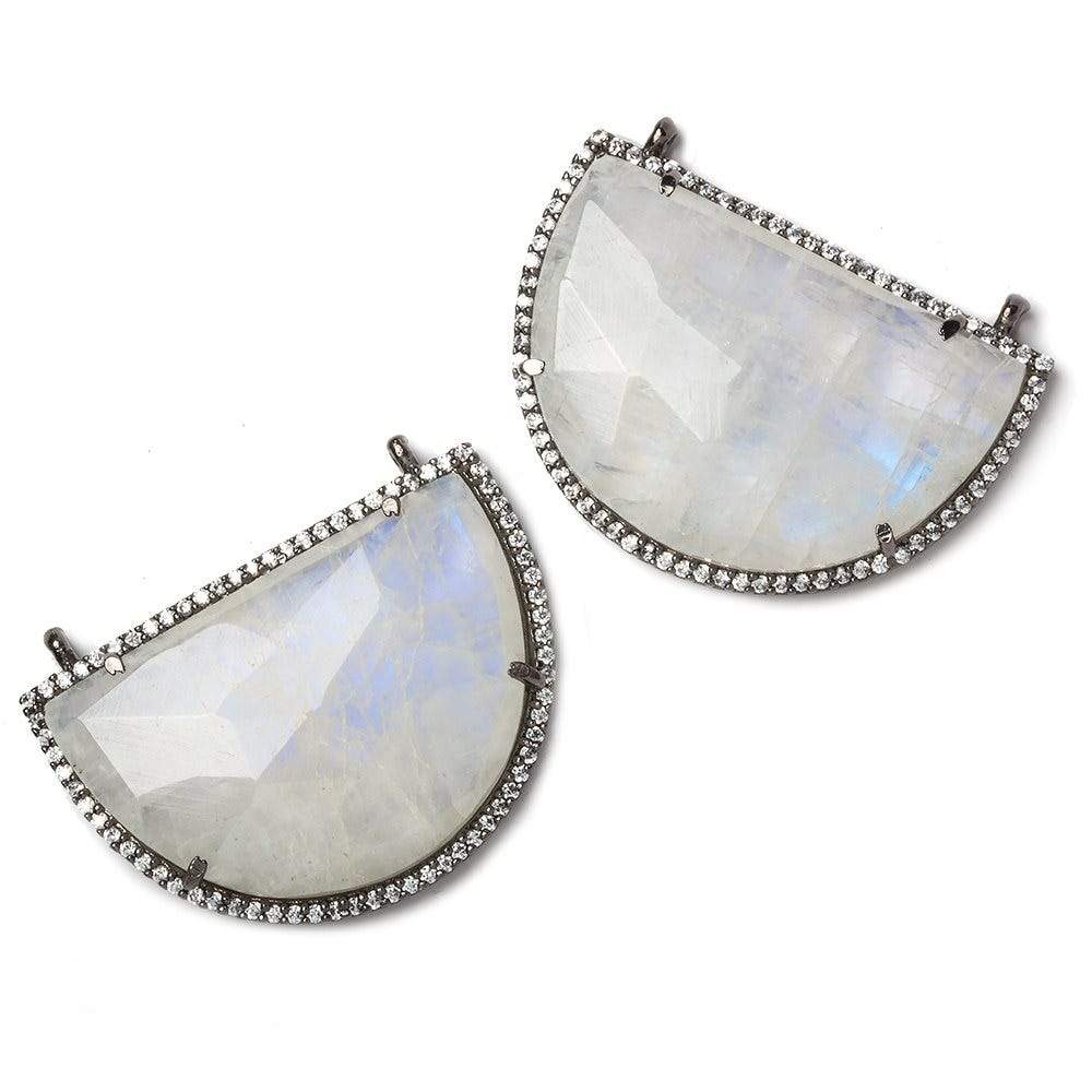 32x23mm Black Gold Bezel CZ and Rainbow Moonstone Half Moon 2 ring Connector 1 piece - Beadsofcambay.com