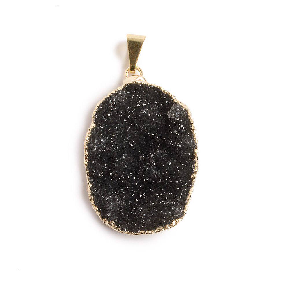 32x23mm Gold Leaf Edged Very Black Agate Freeshape Drusy with Bail 1 piece - Beadsofcambay.com