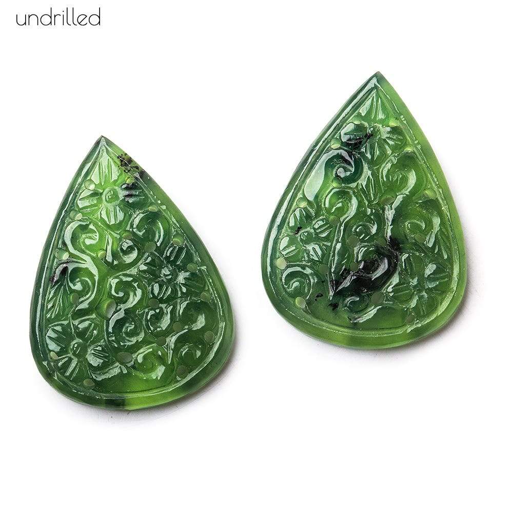 32x24x4.5mm Serpentine Gem Quality Hand Carved Pear Set of 2 - Beadsofcambay.com