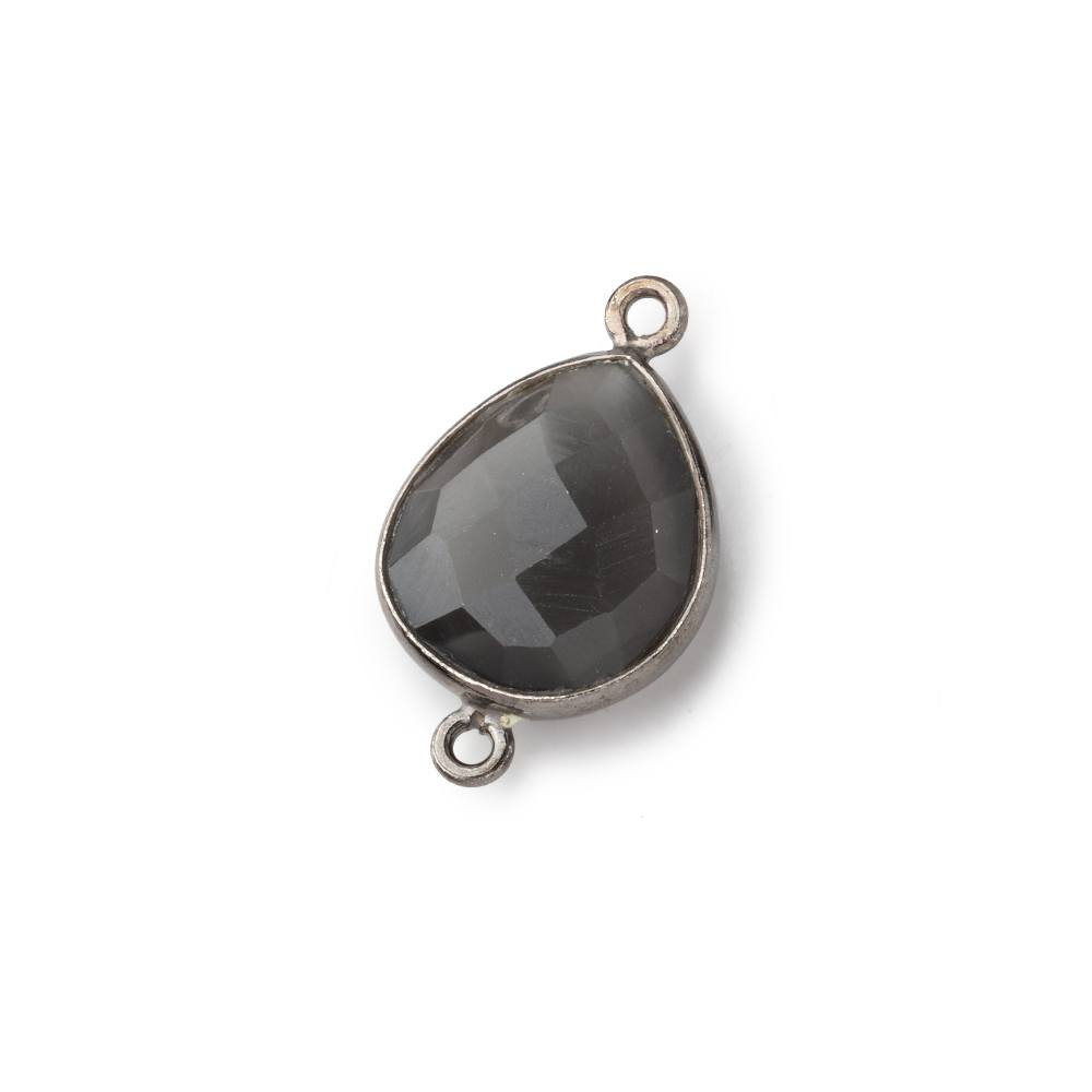 BeadsofCambay 16x14mm Black Gold .925 Bezel Platinum Grey Moonstone faceted pear Connector 1 piece