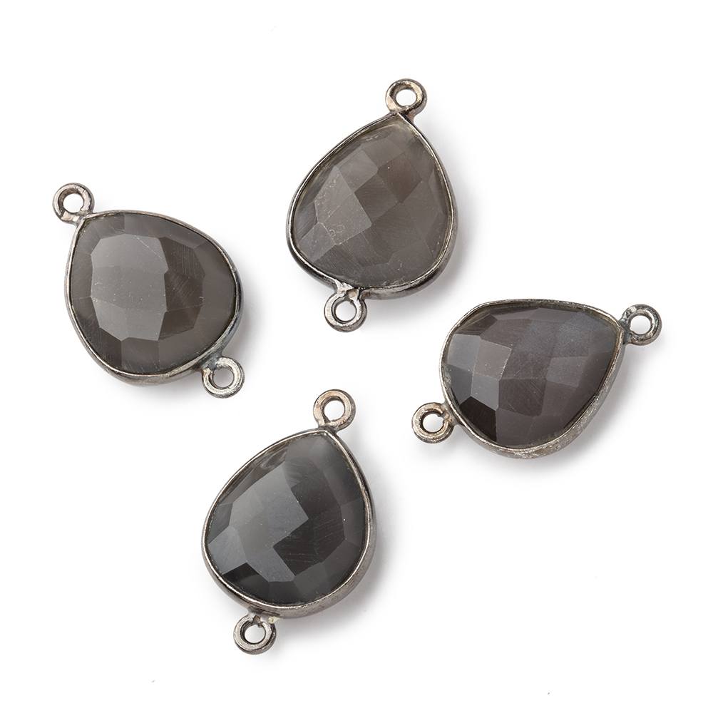 BeadsofCambay 16x14mm Black Gold .925 Bezel Platinum Grey Moonstone faceted pear Connector 1 piece