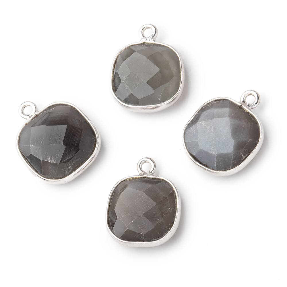 Beadsofcambay 13x13mm Silver .925 Bezeled Platinum Grey Moonstone faceted pillow Pendant 1 piece