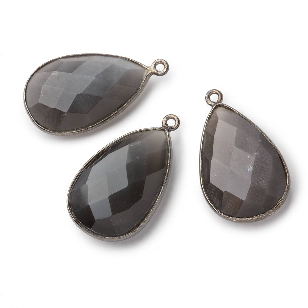 26x17mm Black Gold .925 Bezel Platinum Grey Moonstone faceted pear Pendant 1 piece - BeadsofCambay.com