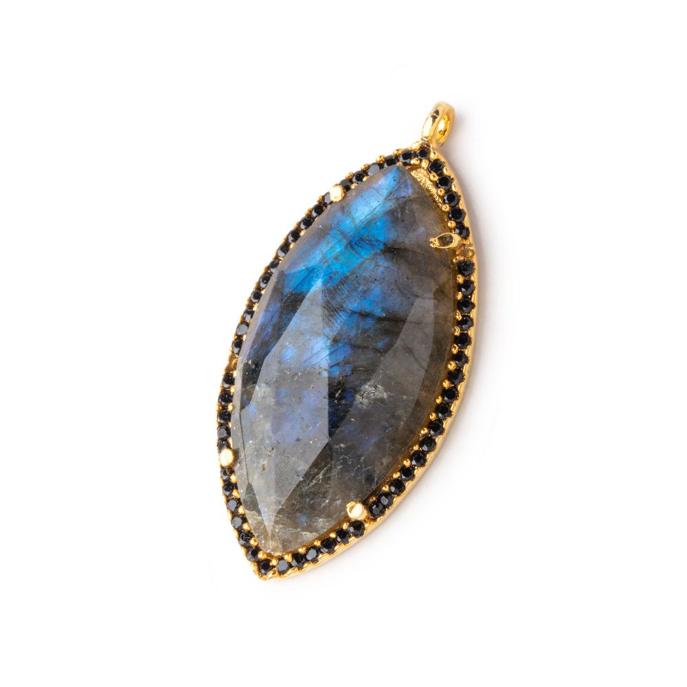 33x18mm Vermeil & Black CZ Bezel Labradorite Marquise Pendant 1 Focal Bead - Beadsofcambay.com