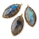 33x18mm Vermeil & Black CZ Bezel Labradorite Marquise Pendant 1 Focal Bead - Beadsofcambay.com
