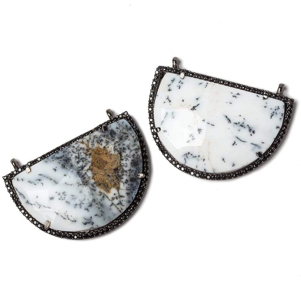 33x20mm Black Gold Bezel Black CZ & Dendritic Opal Half Moon East West Connector 1 focal bead - Beadsofcambay.com