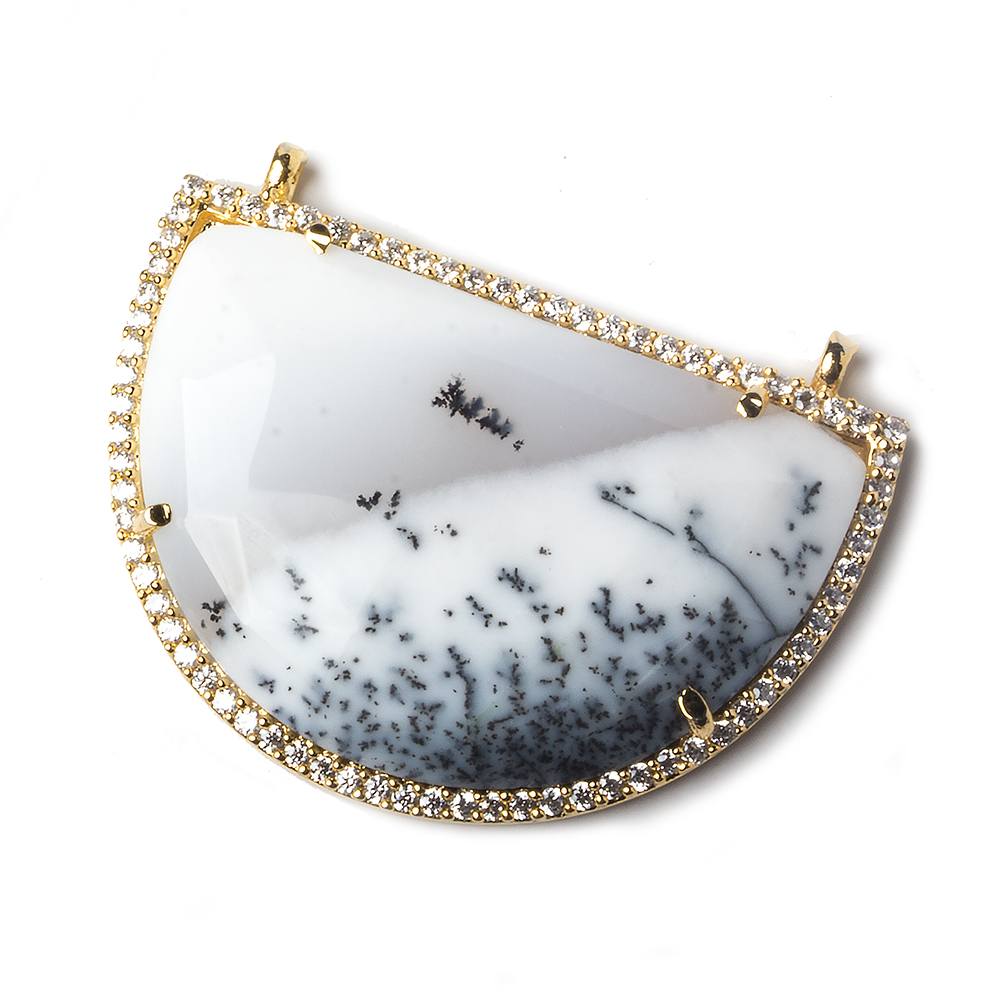 33x20mm Gold Bezel CZ and Dendritic Opal Half Moon East West Connector 1 focal bead - Beadsofcambay.com