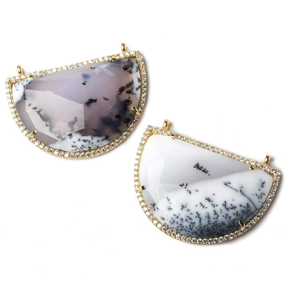 33x20mm Gold Bezel CZ and Dendritic Opal Half Moon East West Connector 1 focal bead - Beadsofcambay.com