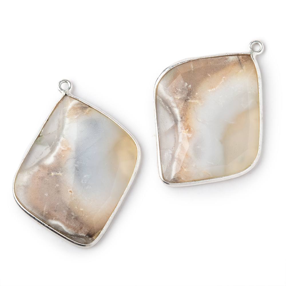 33x22mm .925 Silver Bezel Dendritic Agate Faceted Freeform Set of 2 Pendants - Beadsofcambay.com