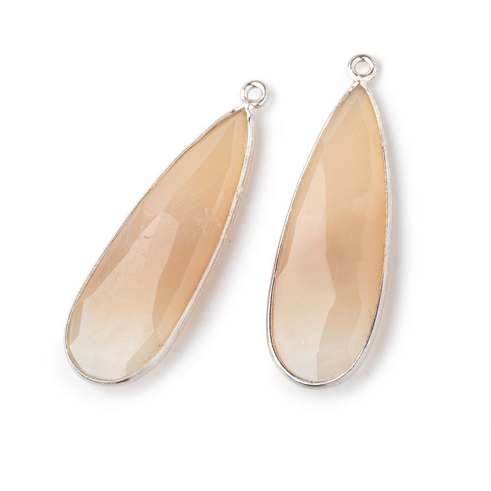 38x14mm .925 Silver Bezel Blush Agate Elongated Faceted Pear Set of 2 Pendants - BeadsofCambay.com