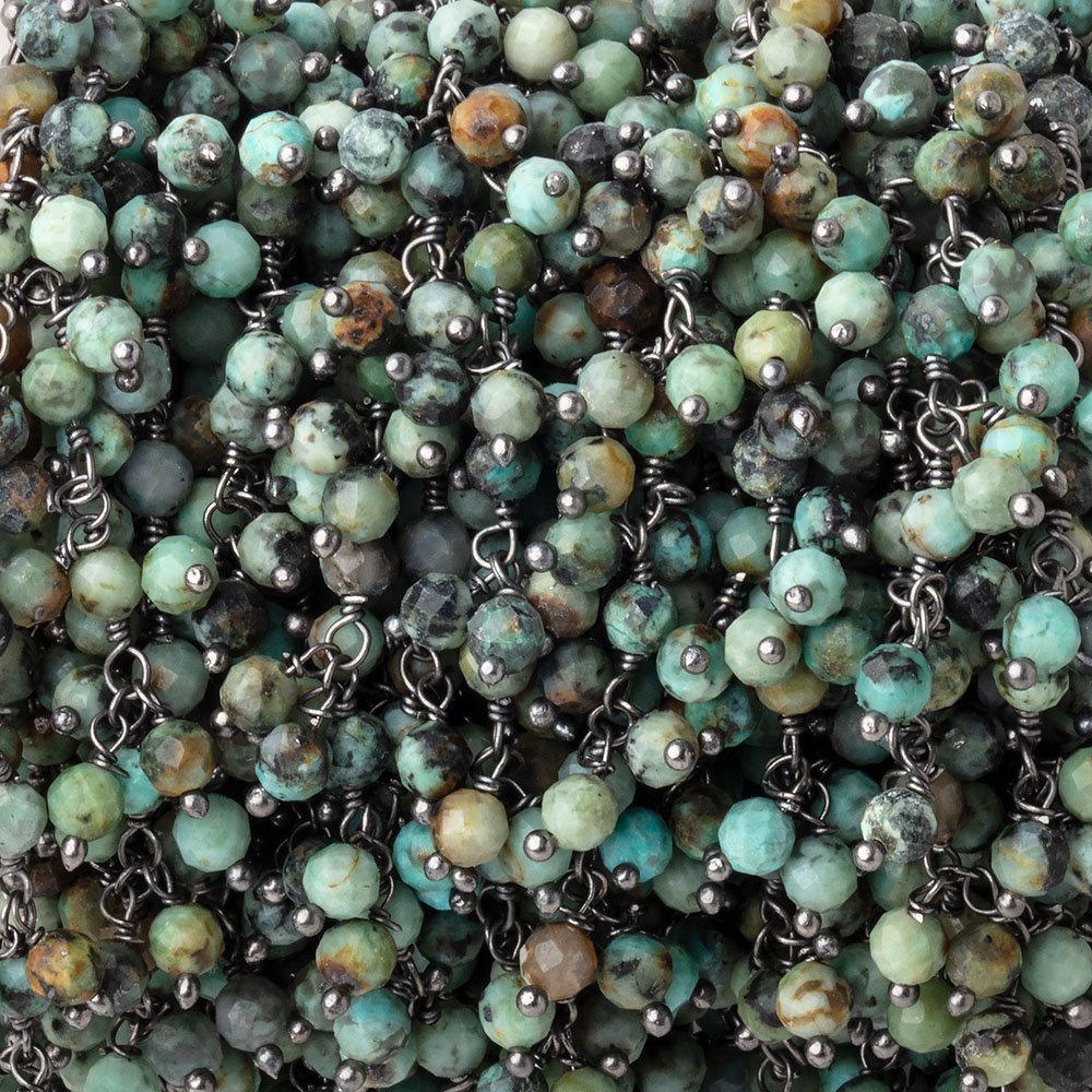 3.5mm African Turquoise micro faceted round Black Gold Dangling Chain - BeadsofCambay.com
