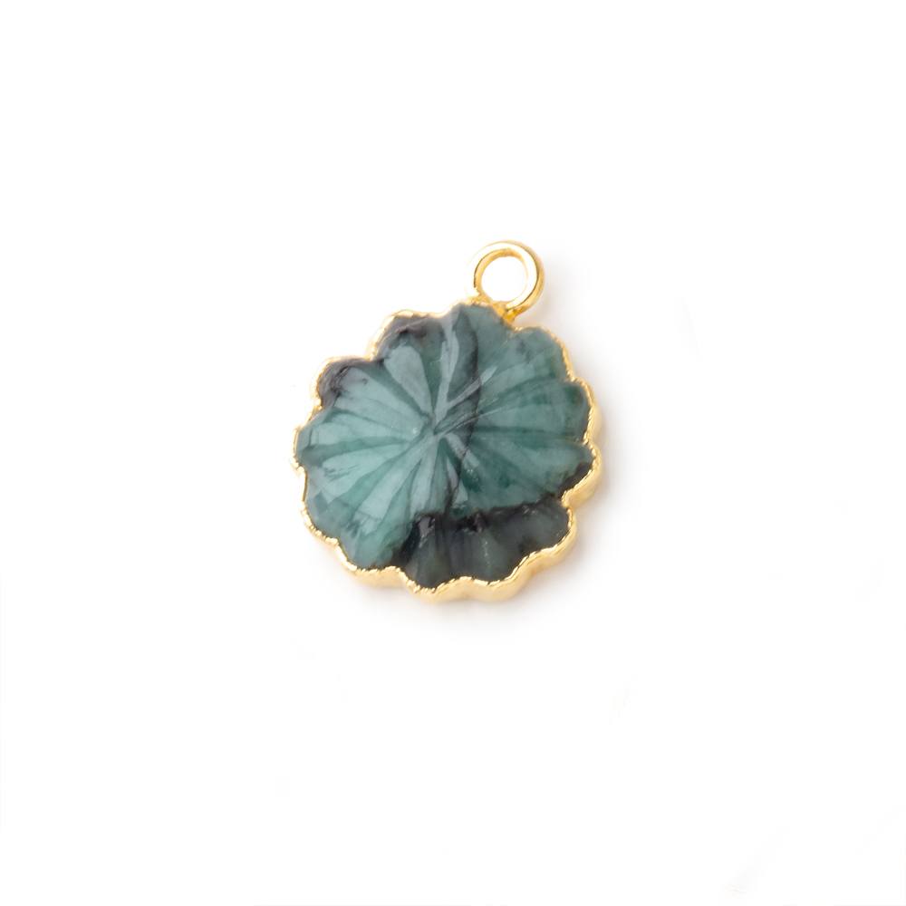 11mm 22kt Gold Leafed Brazilian Emerald carved floral coin Pendant 1 focal bead - BeadsofCambay.com