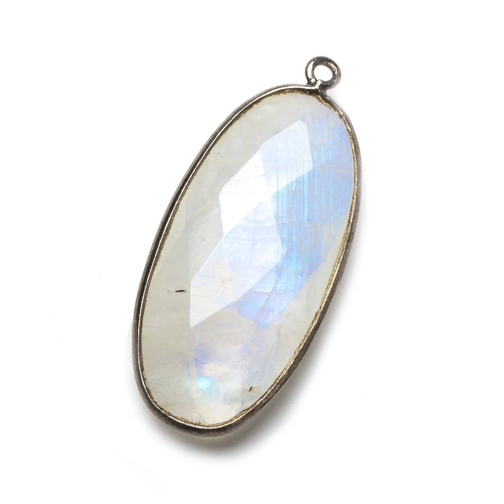 33x17mm Black Gold .925 Bezel Rainbow Moonstone Faceted Oval Pendant 1 piece - Beadsofcambay.com