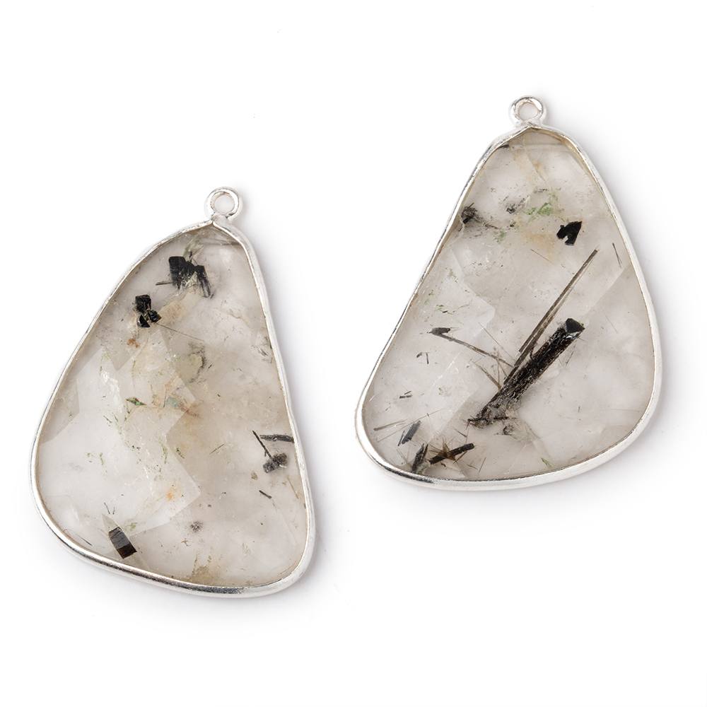 34x24mm .925 Silver Bezel Tourmalinated Quartz Faceted Freeform Set of 2 Pendants - Beadsofcambay.com