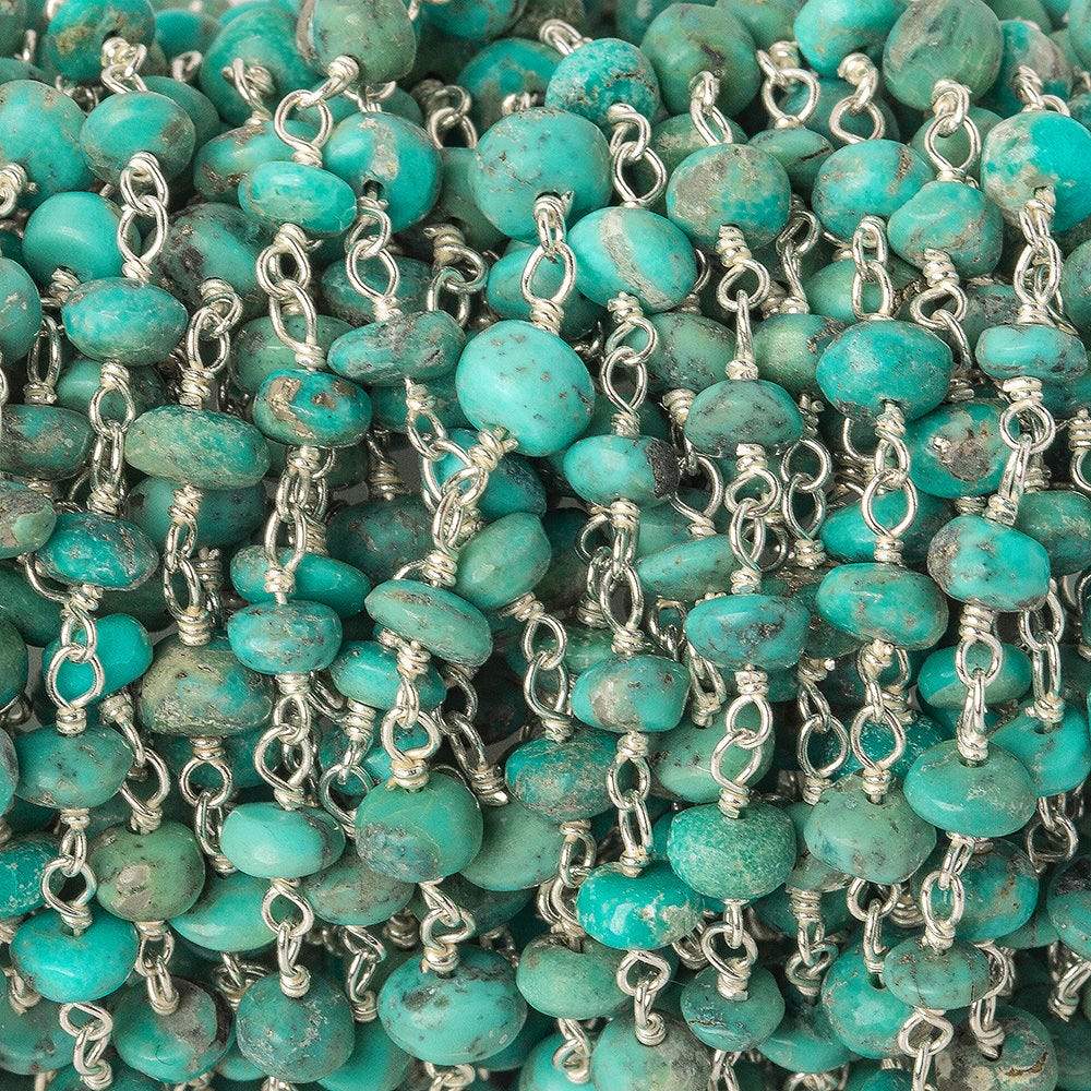 3.5-4mm Mongolian Turquoise plain rondelle .925 Silver Chain by the foot 40 beads A - Beadsofcambay.com