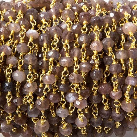 3.5mm Chocolate Moonstone faceted rondelle Gold plated Chain by the foot 37pcs - Beadsofcambay.com