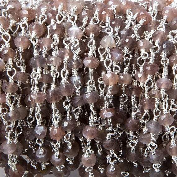 3.5mm Chocolate Moonstone faceted rondelle Silver plated Chain by the foot 37pcs - Beadsofcambay.com