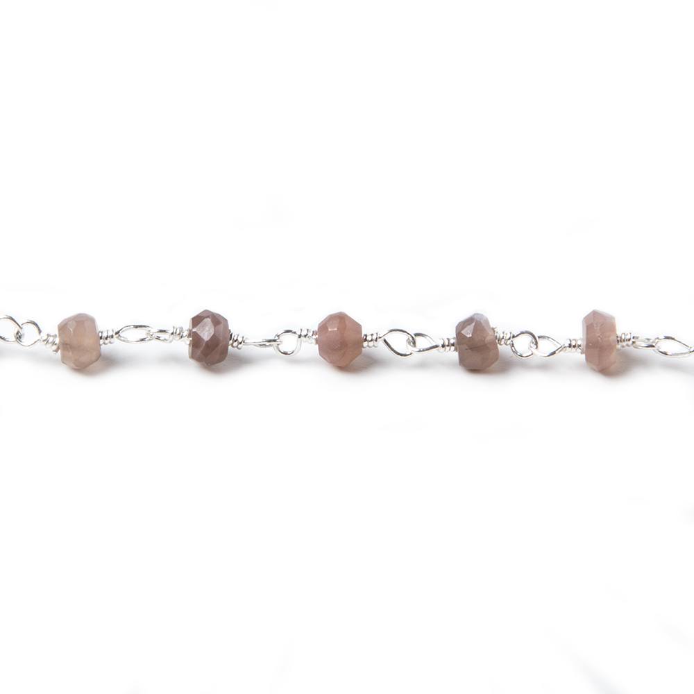 3.5mm Chocolate Moonstone faceted rondelle Silver plated Chain by the foot 37pcs - Beadsofcambay.com
