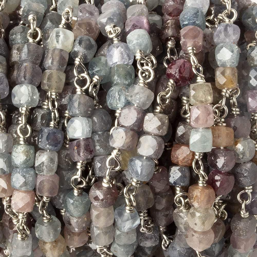 3.5mm Multi Color Umba Sapphire faceted cube Silver .925 Chain by the foot - Beadsofcambay.com