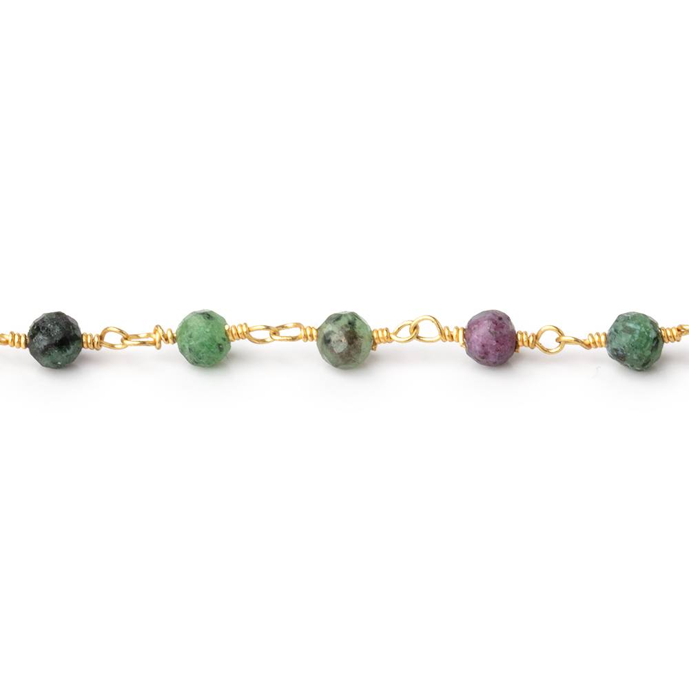 3.5mm Ruby in Zoisite Micro Faceted Rounds on Gold Plated Chain - Beadsofcambay.com