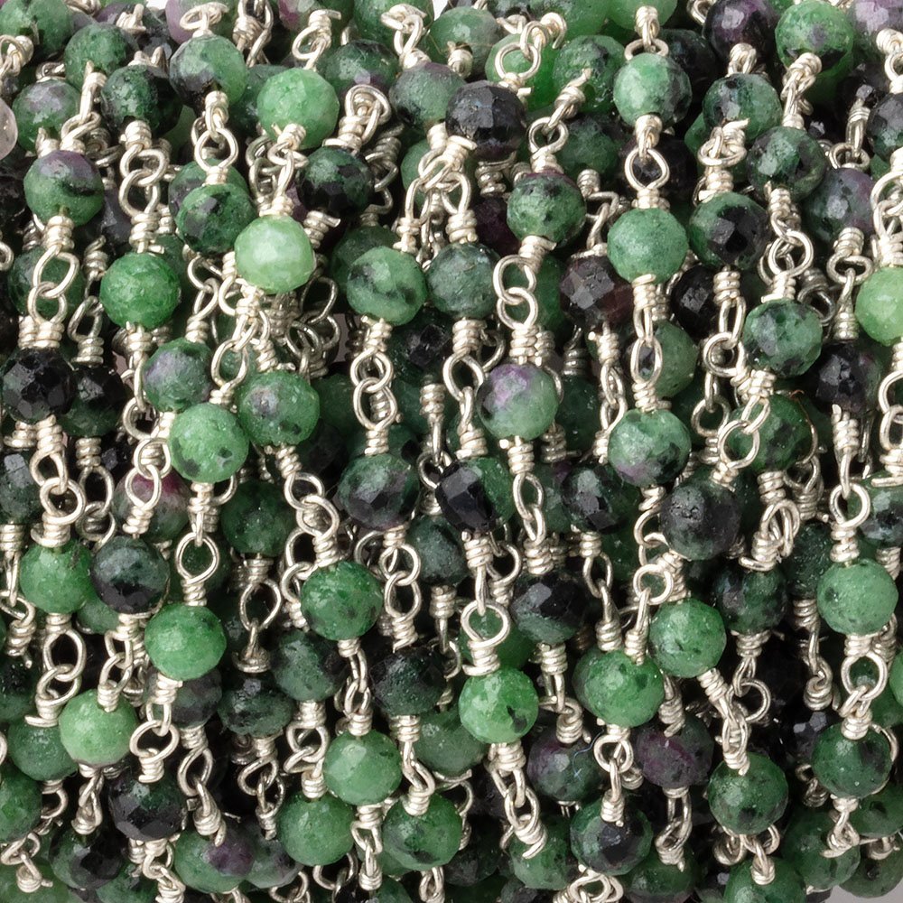 3.5mm Ruby in Zoisite Micro Faceted Rounds on Silver Plated Chain - Beadsofcambay.com
