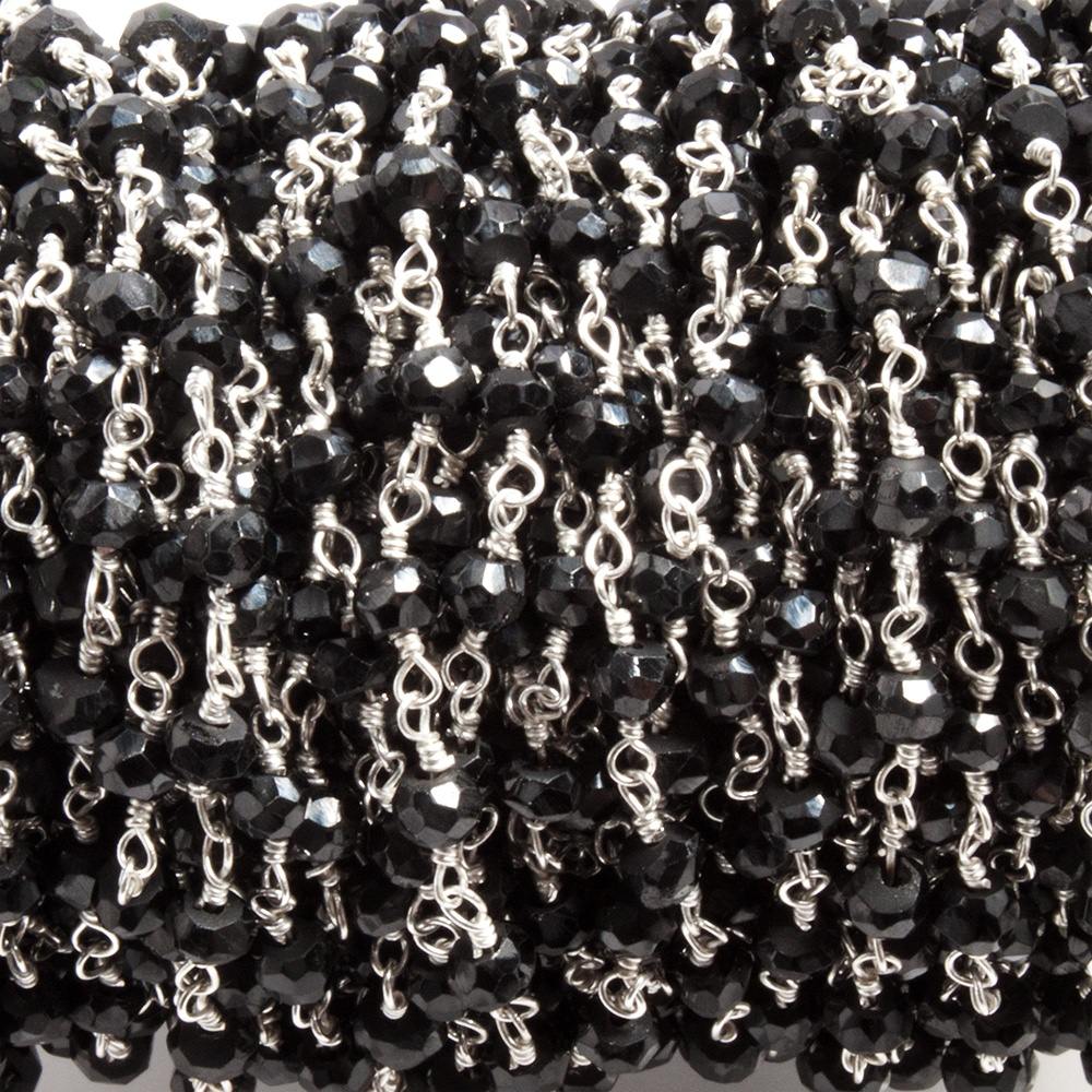 3.5mm to 4mm Black Agate faceted rondelle Silver plated Chain by the foot 35 beads - Beadsofcambay.com