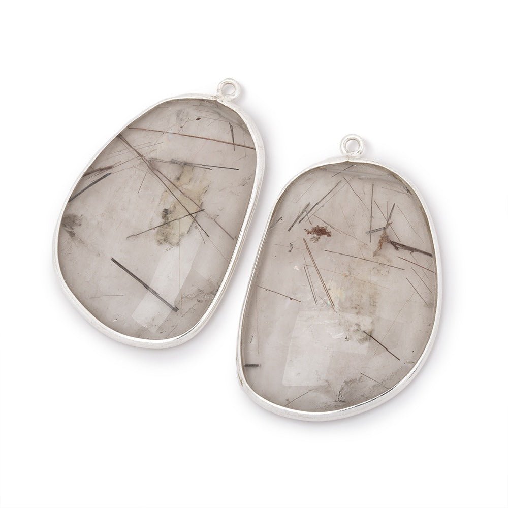 35x25mm .925 Silver Bezel Rutilated Quartz Faceted Freeform Set of 2 Pendants - Beadsofcambay.com