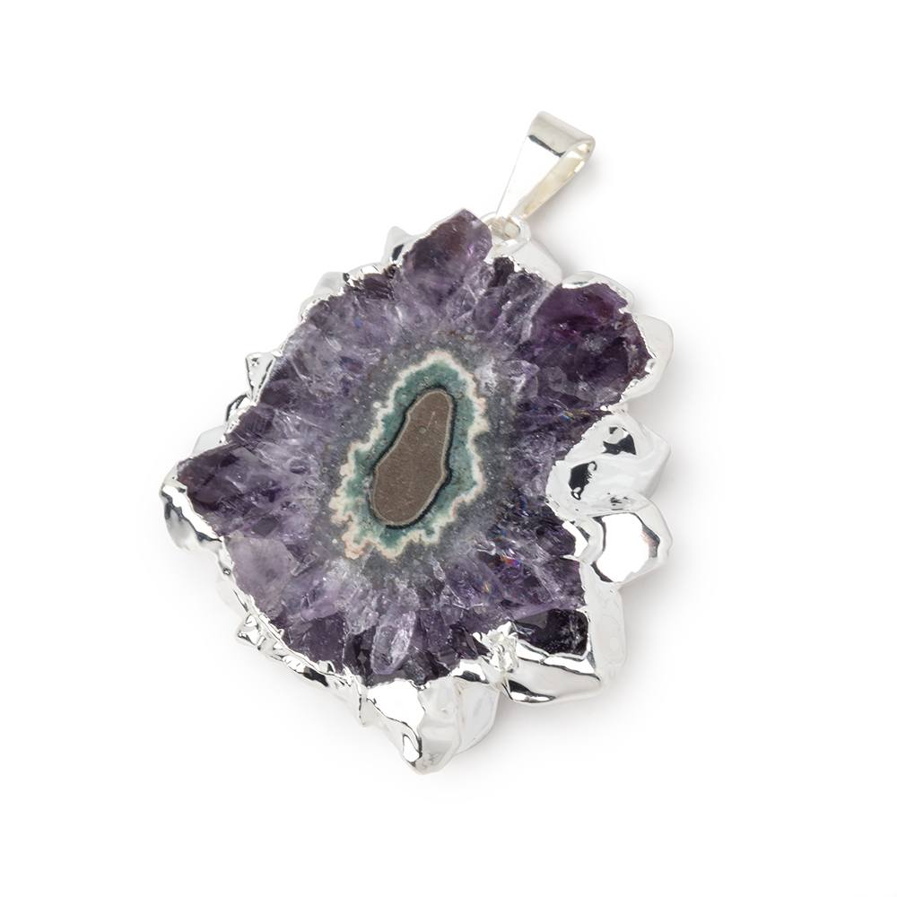 36x32mm Silver Leafed Amethyst Solar Quartz Slice Pendant 1 focal piece - Beadsofcambay.com