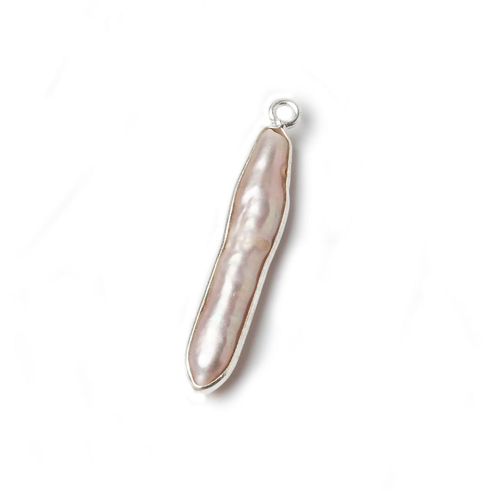 37x4mm Sterling Silver bezeled Light Peach Biwa Pearl 1 ring charm Pendant 1 piece - Beadsofcambay.com