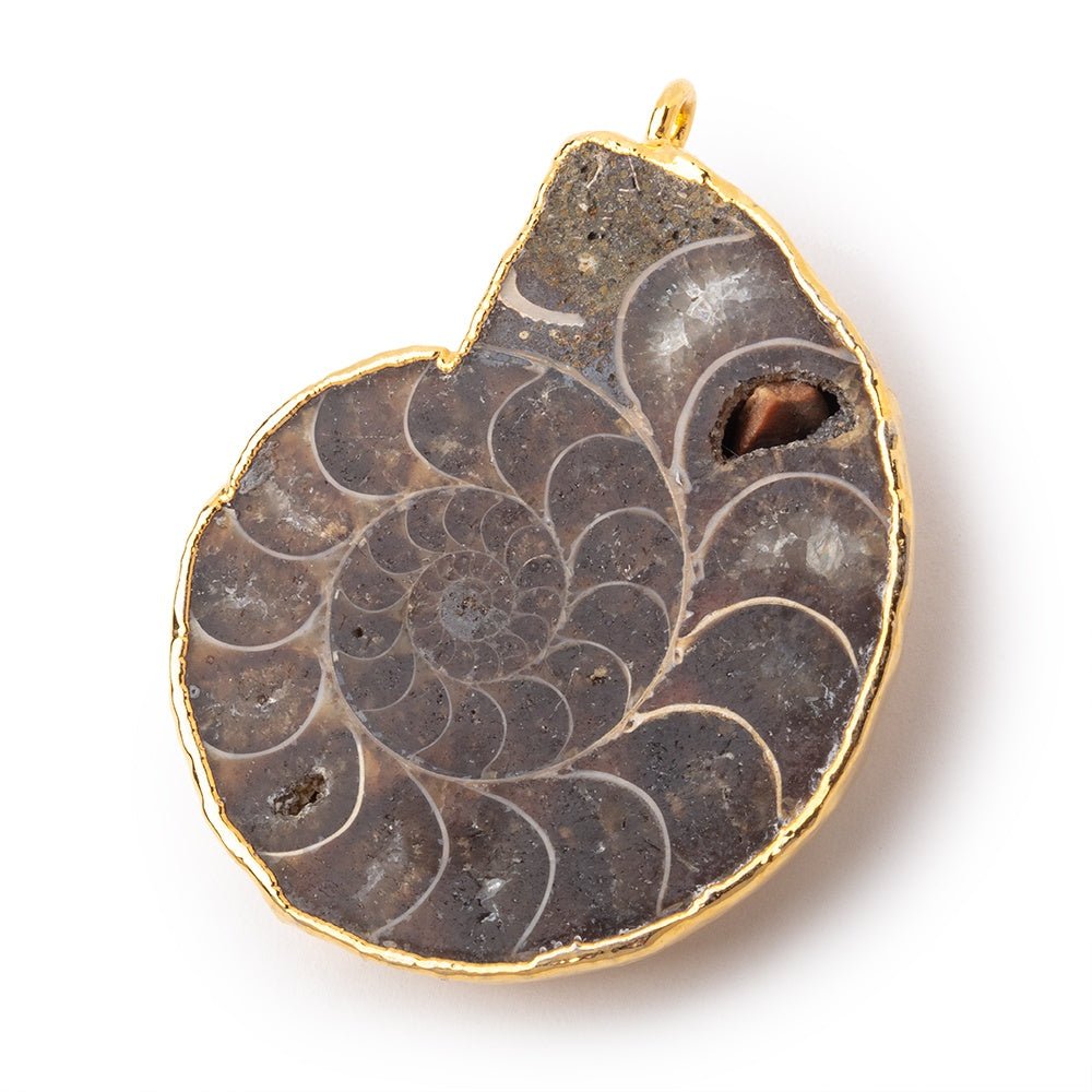 39.5x33mm Gold Leafed Ammonite Fossil Pendant 1 focal piece - Beadsofcambay.com