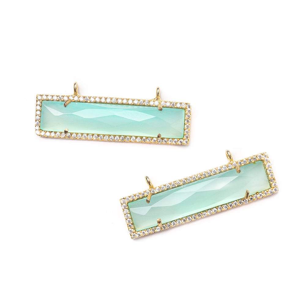 39x10.5mm Gold Bezel CZ & Seafoam Blue Chalcedony Bar 2 Prong East - West Connector 1 piece - Beadsofcambay.com
