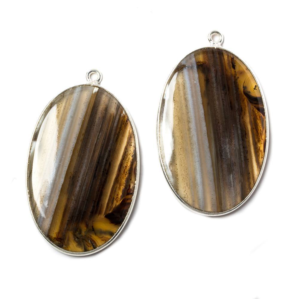 39x23mm Silver Bezeled Banded Agate Oval Pendant Matching Set of 2 - Beadsofcambay.com