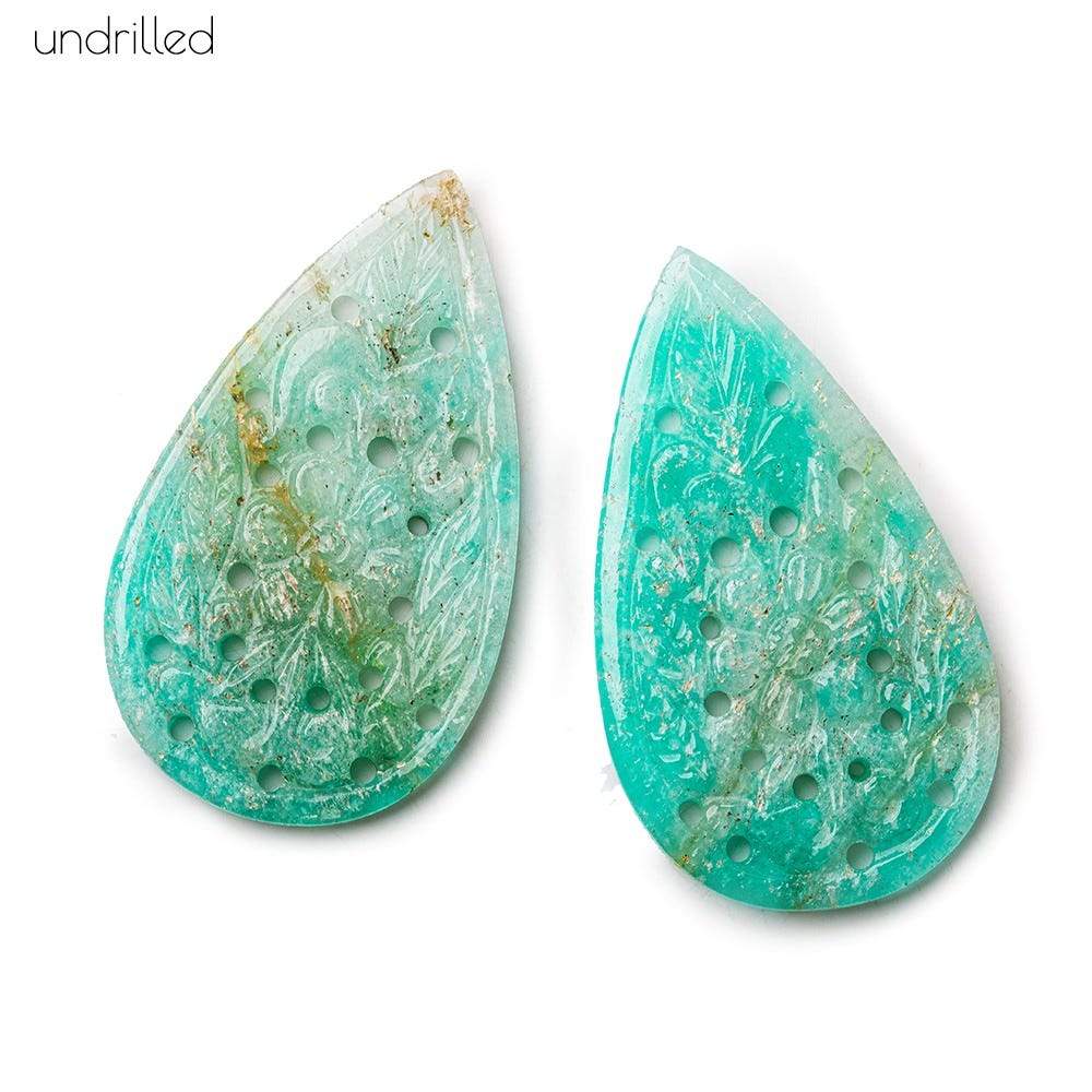 39x23x3mm Amazonite Gem Quality Hand Carved Pear Focal Set of 2 - Beadsofcambay.com