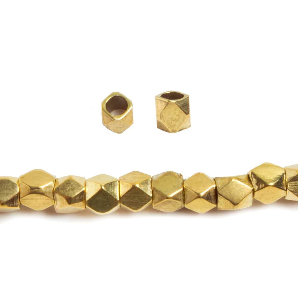 3mm Brass hand polished faceted nugget beads 8 inch 74 pieces - Beadsofcambay.com