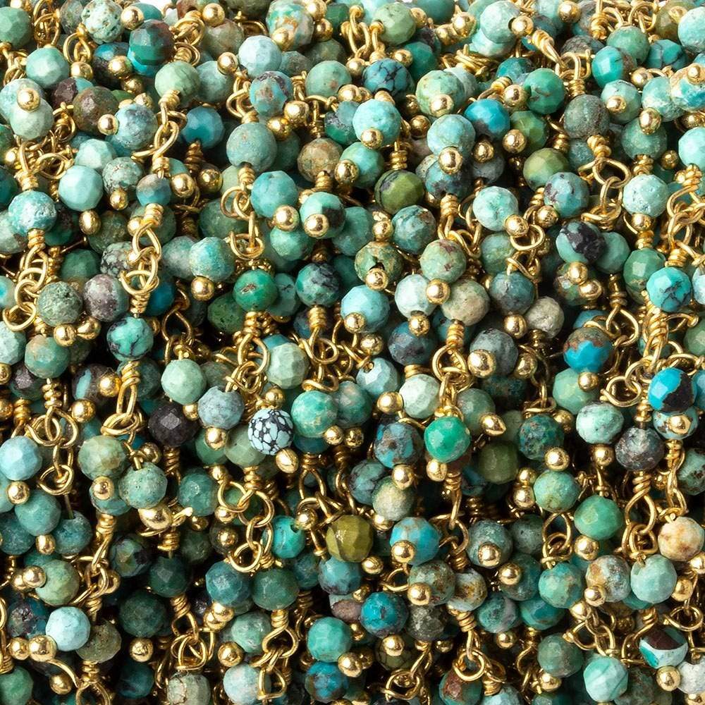 3mm Chinese Turquoise micro faceted round Gold Dangling Chain by the foot - Beadsofcambay.com