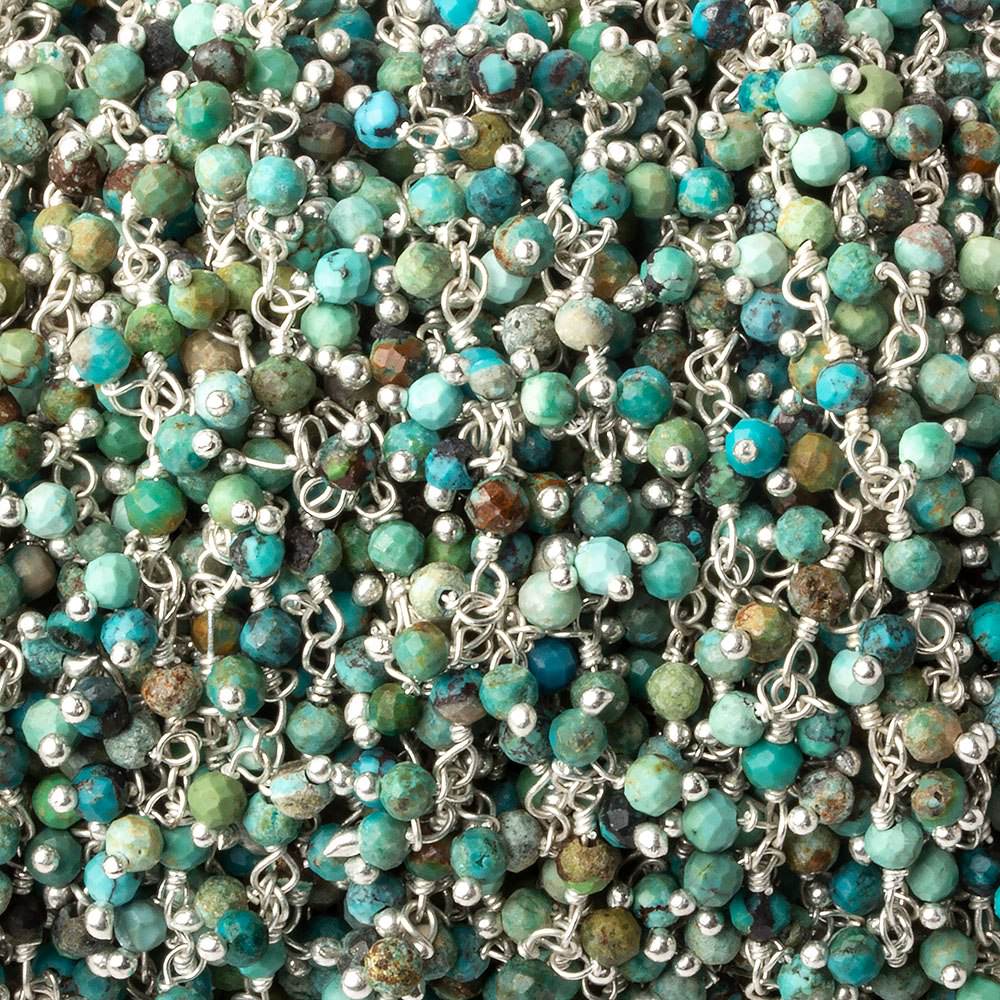 3mm Chinese Turquoise micro faceted round Silver Dangling Chain by the foot - Beadsofcambay.com