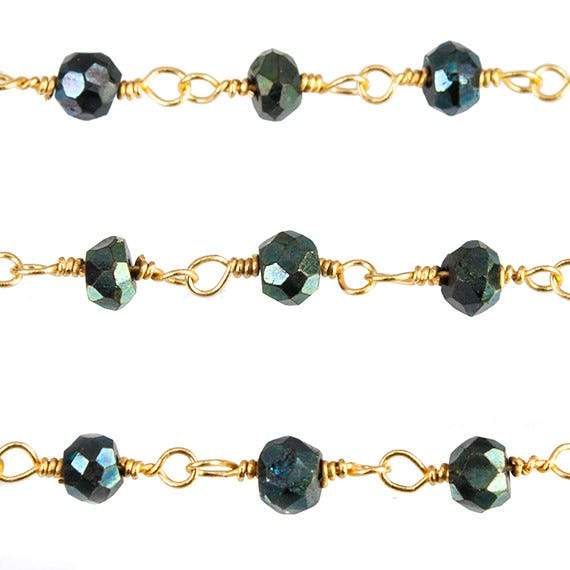 3mm Green Mystic Spinel faceted rondelle Gold Wire Wrapped Chain by foot - Beadsofcambay.com