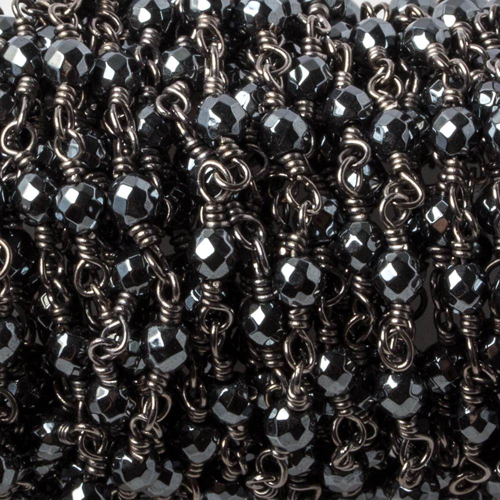 3mm Hematite faceted round Black Gold chain by the foot 34 pieces - Beadsofcambay.com