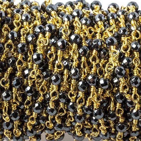 3mm Hematite faceted round Gold chain by the foot 34 pieces - Beadsofcambay.com