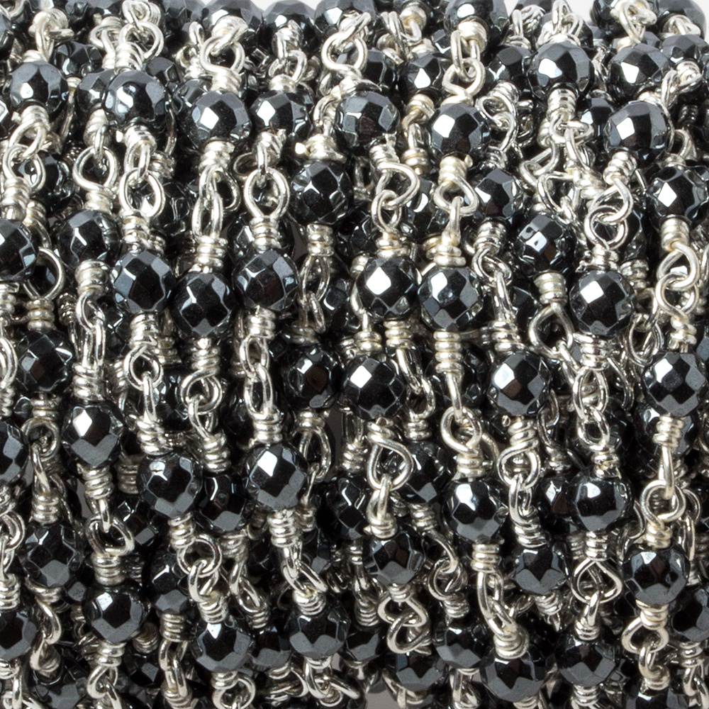 3mm Hematite faceted round Silver plated chain by the foot 34 pieces - Beadsofcambay.com