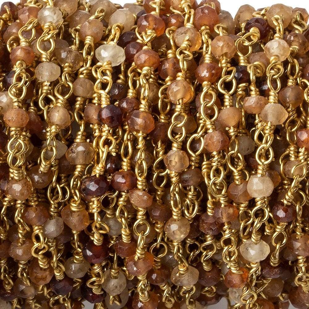 3mm Hessonite Garnet faceted rondelle Gold Wire Wrapped Chain by foot - Beadsofcambay.com