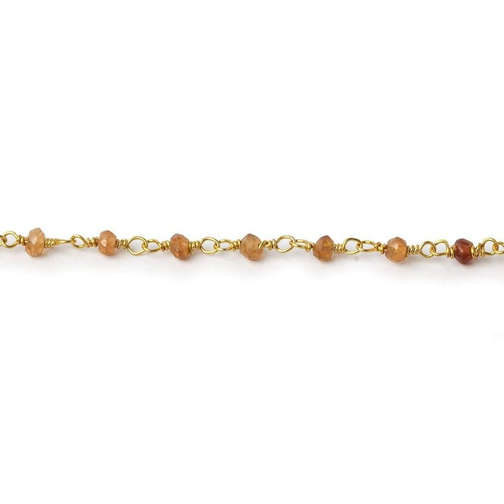 3mm Hessonite Garnet faceted rondelle Gold Wire Wrapped Chain by foot - Beadsofcambay.com