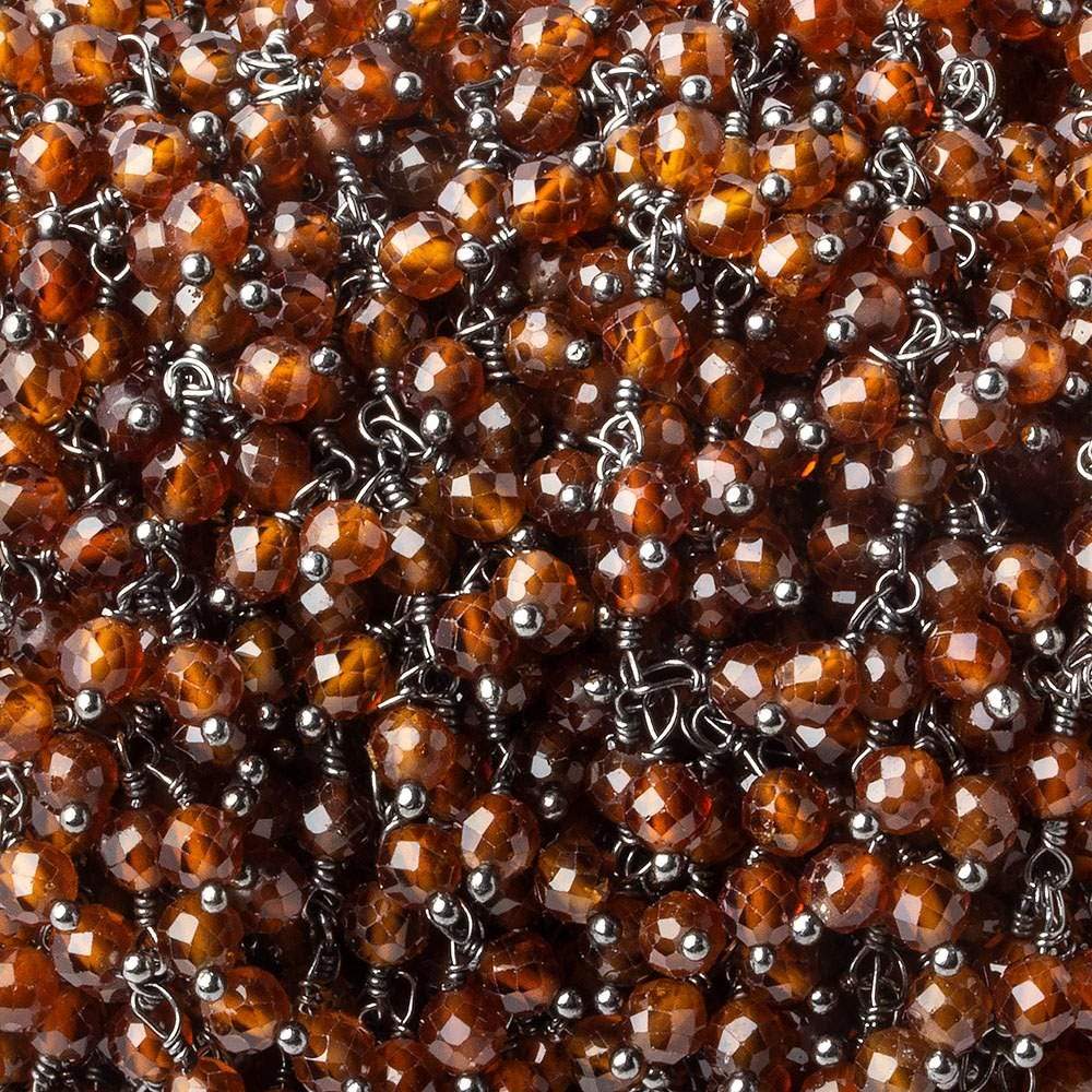 3.5mm Hessonite Garnet microfaceted round Black Gold Dangling Chain by the foot - Beadsofcambay.com